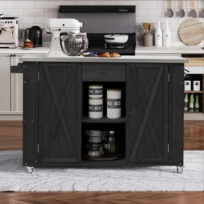Îlot de cuisine d'extérieur 52.25 avec plateau en acier inoxydable, grand espace de rangement, porte-serviettes et porte-épices, et un décapsuleur