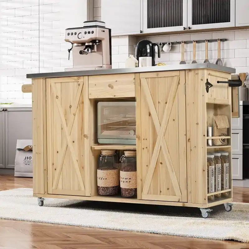 Îlot de cuisine d'extérieur 52.25 avec plateau en acier inoxydable, grand espace de rangement, porte-serviettes et porte-épices, et un décapsuleur