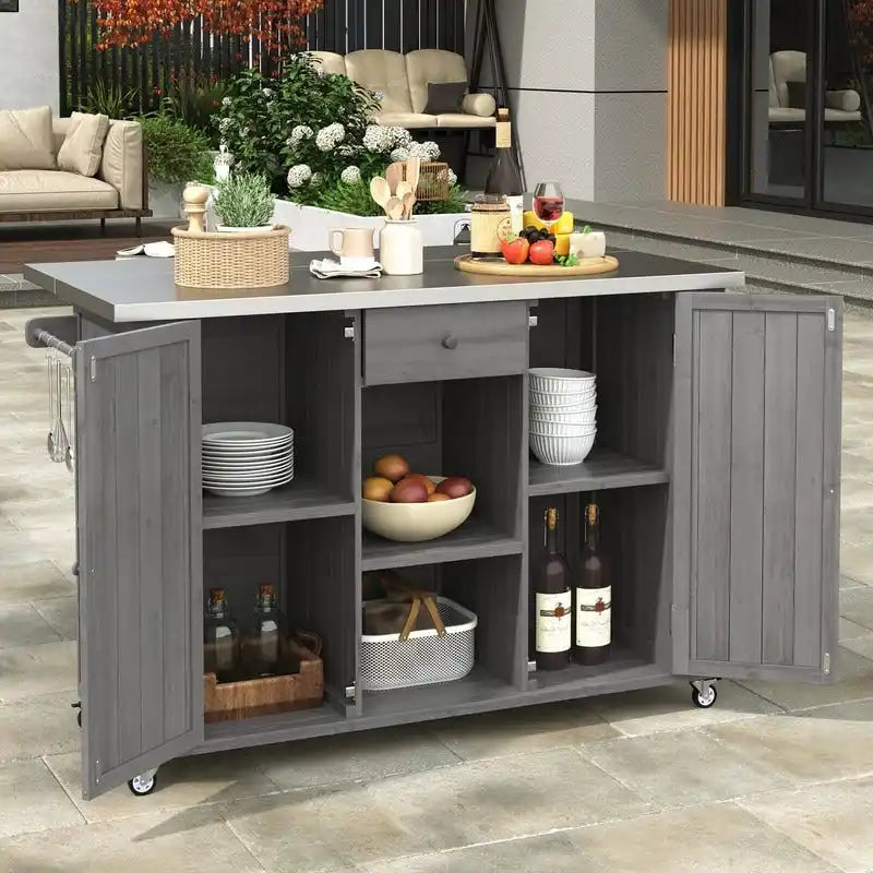 Îlot de cuisine d'extérieur 52.25 avec plateau en acier inoxydable, grand espace de rangement, porte-serviettes et porte-épices, et un décapsuleur