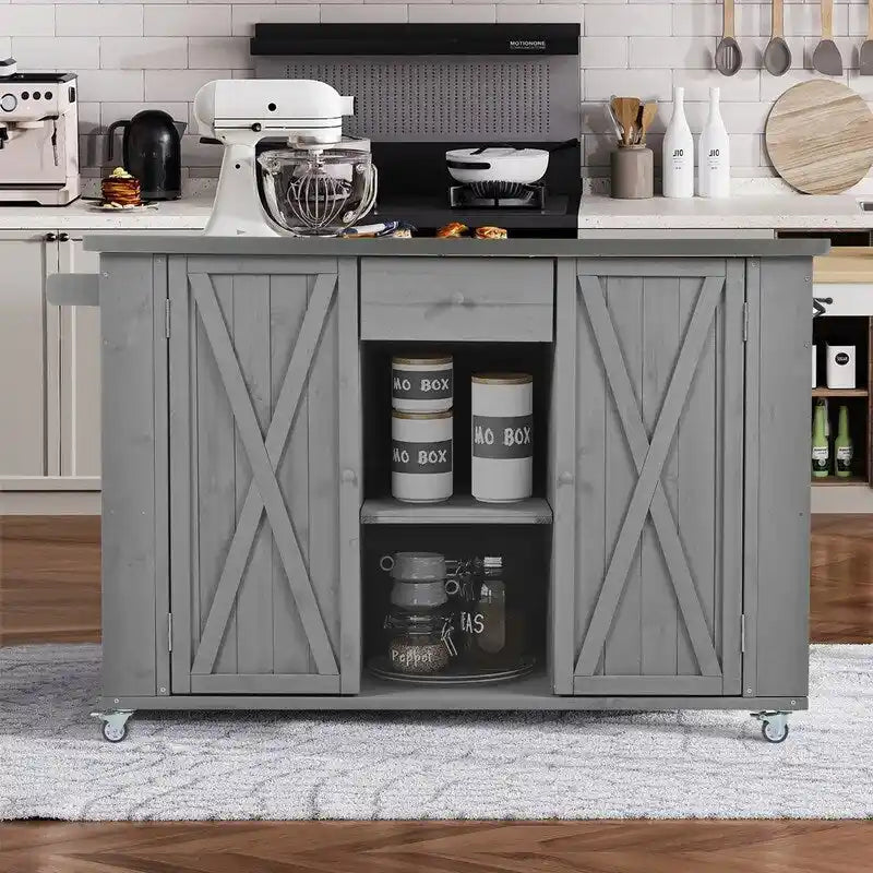 Îlot de cuisine d'extérieur 52.25 avec plateau en acier inoxydable, grand espace de rangement, porte-serviettes et porte-épices, et un décapsuleur