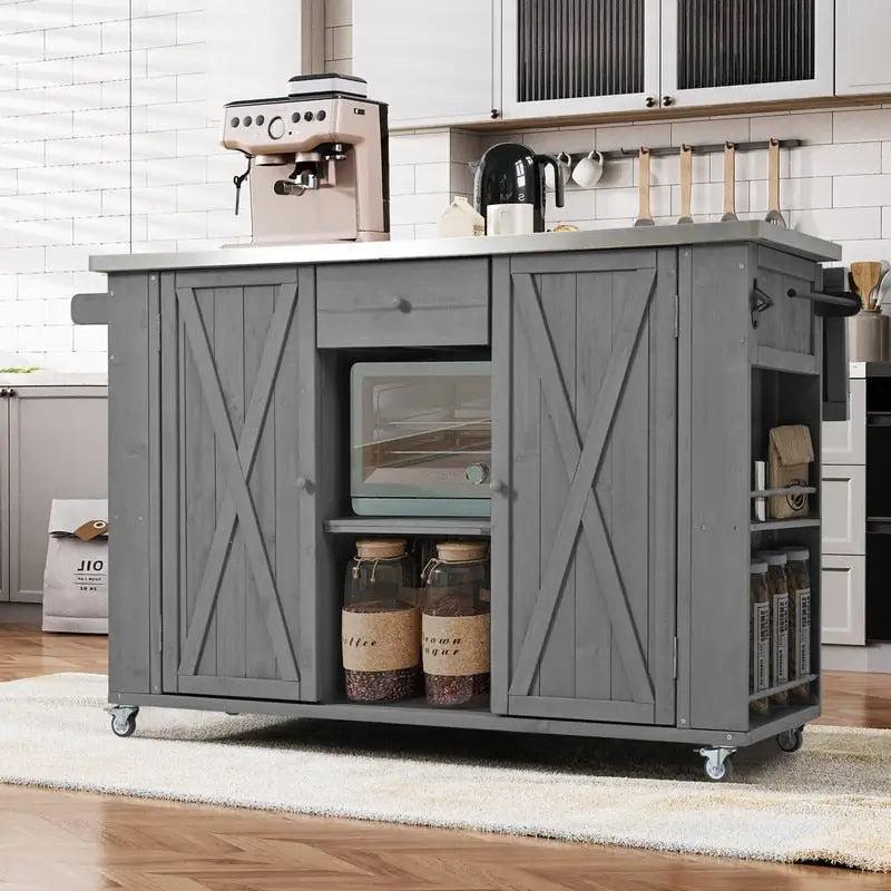 Îlot de cuisine d'extérieur 52.25 avec plateau en acier inoxydable, grand espace de rangement, porte-serviettes et porte-épices, et un décapsuleur