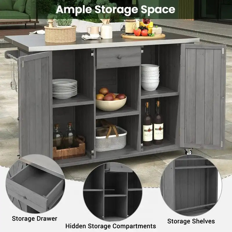 Îlot de cuisine d'extérieur 52.25 avec plateau en acier inoxydable, grand espace de rangement, porte-serviettes et porte-épices, et un décapsuleur
