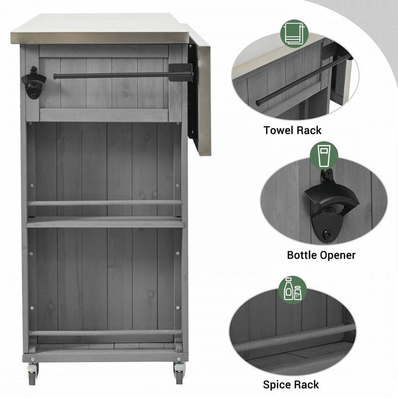 Îlot de cuisine d'extérieur 52.25 avec plateau en acier inoxydable, grand espace de rangement, porte-serviettes et porte-épices, et un décapsuleur