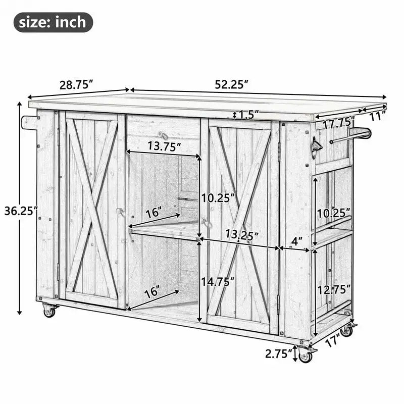 Îlot de cuisine d'extérieur 52.25 avec plateau en acier inoxydable, grand espace de rangement, porte-serviettes et porte-épices, et un décapsuleur