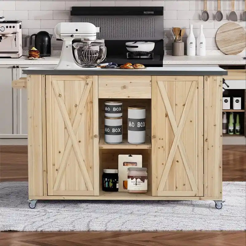 Îlot de cuisine d'extérieur 52.25 avec plateau en acier inoxydable, grand espace de rangement, porte-serviettes et porte-épices, et un décapsuleur