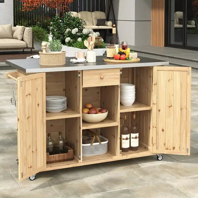 Îlot de cuisine d'extérieur 52.25 avec plateau en acier inoxydable, grand espace de rangement, porte-serviettes et porte-épices, et un décapsuleur