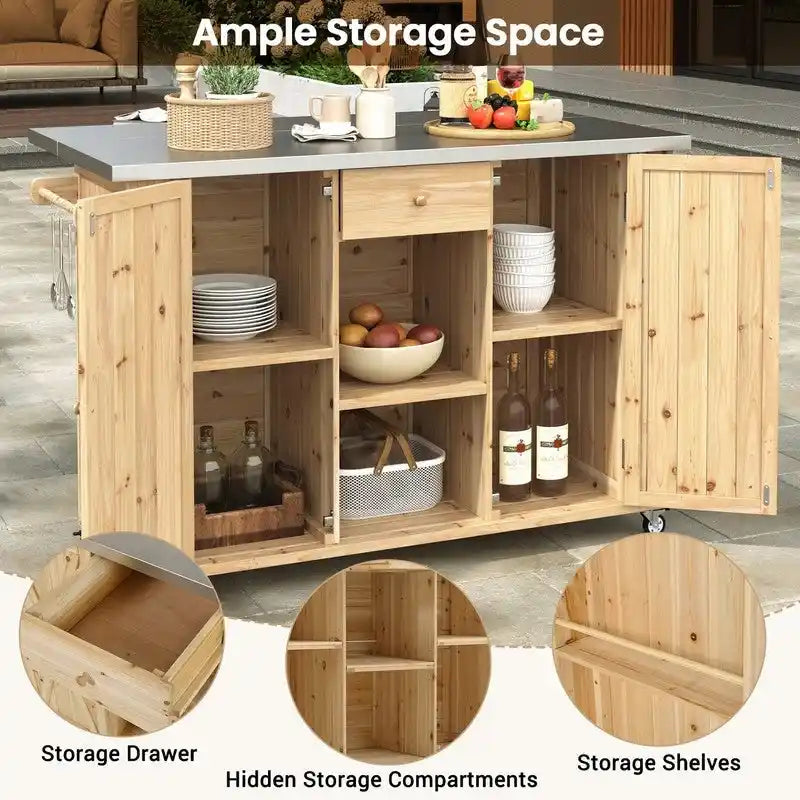 Îlot de cuisine d'extérieur 52.25 avec plateau en acier inoxydable, grand espace de rangement, porte-serviettes et porte-épices, et un décapsuleur