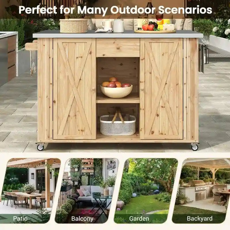 Îlot de cuisine d'extérieur 52.25 avec plateau en acier inoxydable, grand espace de rangement, porte-serviettes et porte-épices, et un décapsuleur