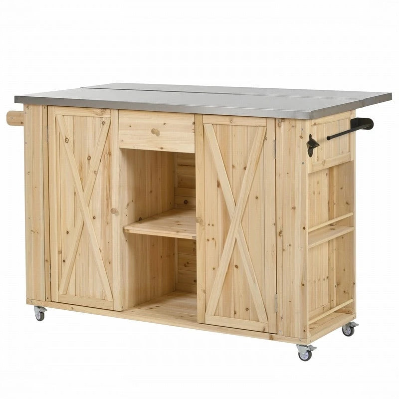 Îlot de cuisine d'extérieur 52.25 avec plateau en acier inoxydable, grand espace de rangement, porte-serviettes et porte-épices, et un décapsuleur