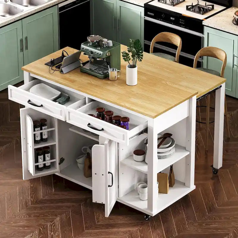 Îlot de cuisine extensible sur roulettes, Desserte de cuisine roulante mobile, Meuble de bar avec étagère de rangement interne, 2 tiroirs et 2 placards