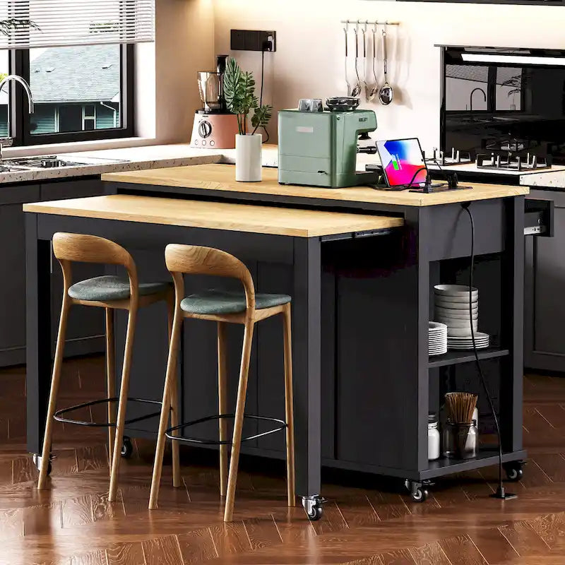 Îlot de cuisine extensible sur roulettes, Desserte de cuisine roulante mobile, Meuble de bar avec étagère de rangement interne, 2 tiroirs et 2 placards