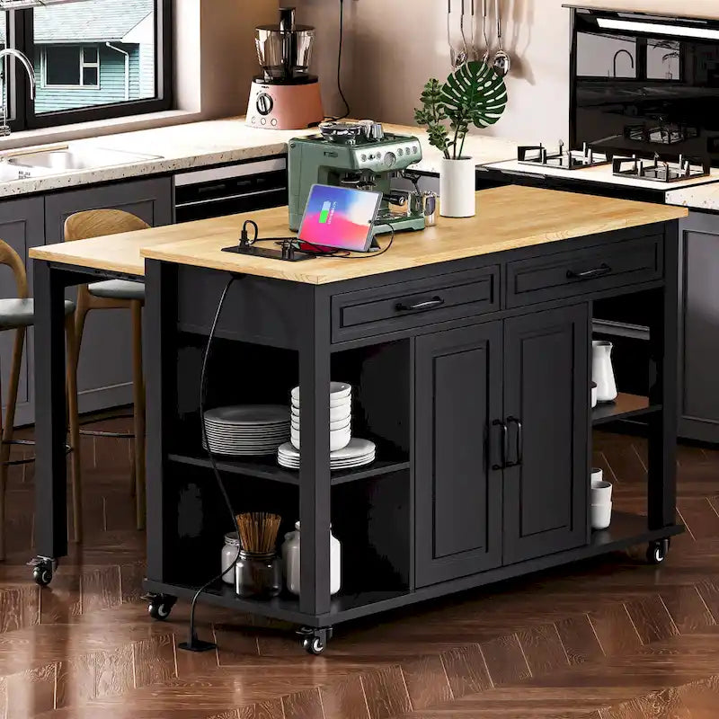 Îlot de cuisine extensible sur roulettes, Desserte de cuisine roulante mobile, Meuble de bar avec étagère de rangement interne, 2 tiroirs et 2 placards