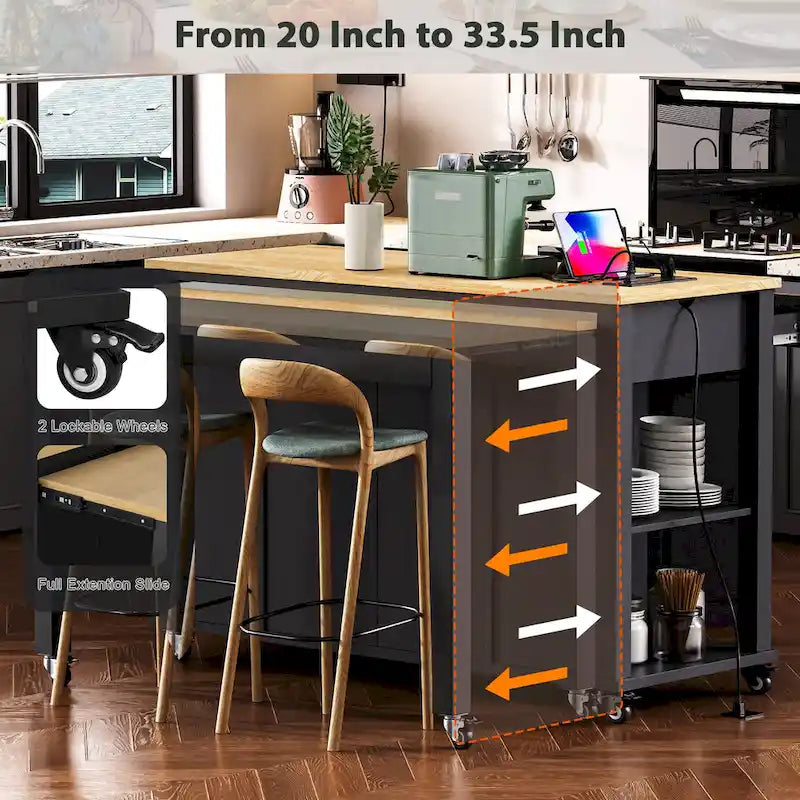 Îlot de cuisine extensible sur roulettes, Desserte de cuisine roulante mobile, Meuble de bar avec étagère de rangement interne, 2 tiroirs et 2 placards