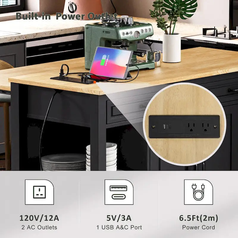 Îlot de cuisine extensible sur roulettes, Desserte de cuisine roulante mobile, Meuble de bar avec étagère de rangement interne, 2 tiroirs et 2 placards