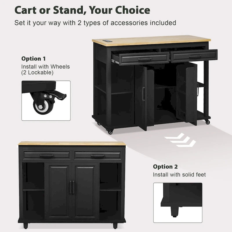 Îlot de cuisine extensible sur roulettes, Desserte de cuisine roulante mobile, Meuble de bar avec étagère de rangement interne, 2 tiroirs et 2 placards
