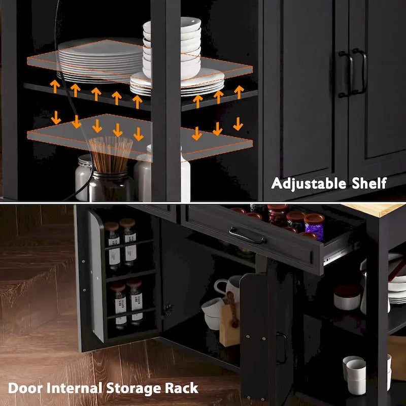 Îlot de cuisine extensible sur roulettes, Desserte de cuisine roulante mobile, Meuble de bar avec étagère de rangement interne, 2 tiroirs et 2 placards
