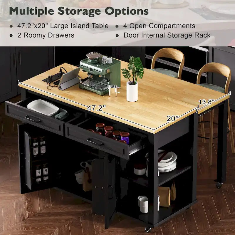 Îlot de cuisine extensible sur roulettes, Desserte de cuisine roulante mobile, Meuble de bar avec étagère de rangement interne, 2 tiroirs et 2 placards