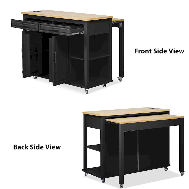 Îlot de cuisine extensible sur roulettes, Desserte de cuisine roulante mobile, Meuble de bar avec étagère de rangement interne, 2 tiroirs et 2 placards