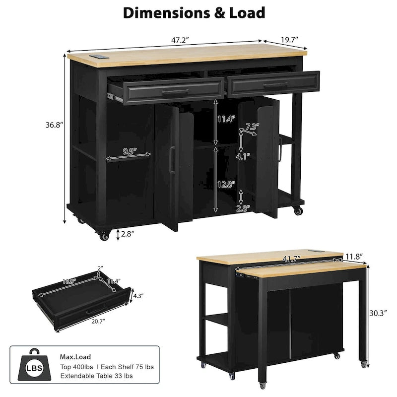 Îlot de cuisine extensible sur roulettes, Desserte de cuisine roulante mobile, Meuble de bar avec étagère de rangement interne, 2 tiroirs et 2 placards