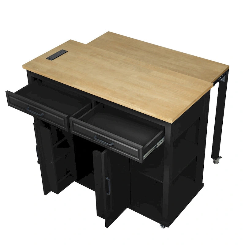 Îlot de cuisine extensible sur roulettes, Desserte de cuisine roulante mobile, Meuble de bar avec étagère de rangement interne, 2 tiroirs et 2 placards