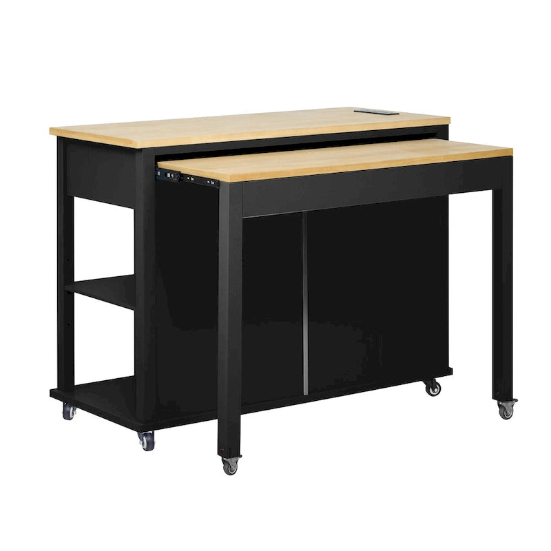 Îlot de cuisine extensible sur roulettes, Desserte de cuisine roulante mobile, Meuble de bar avec étagère de rangement interne, 2 tiroirs et 2 placards