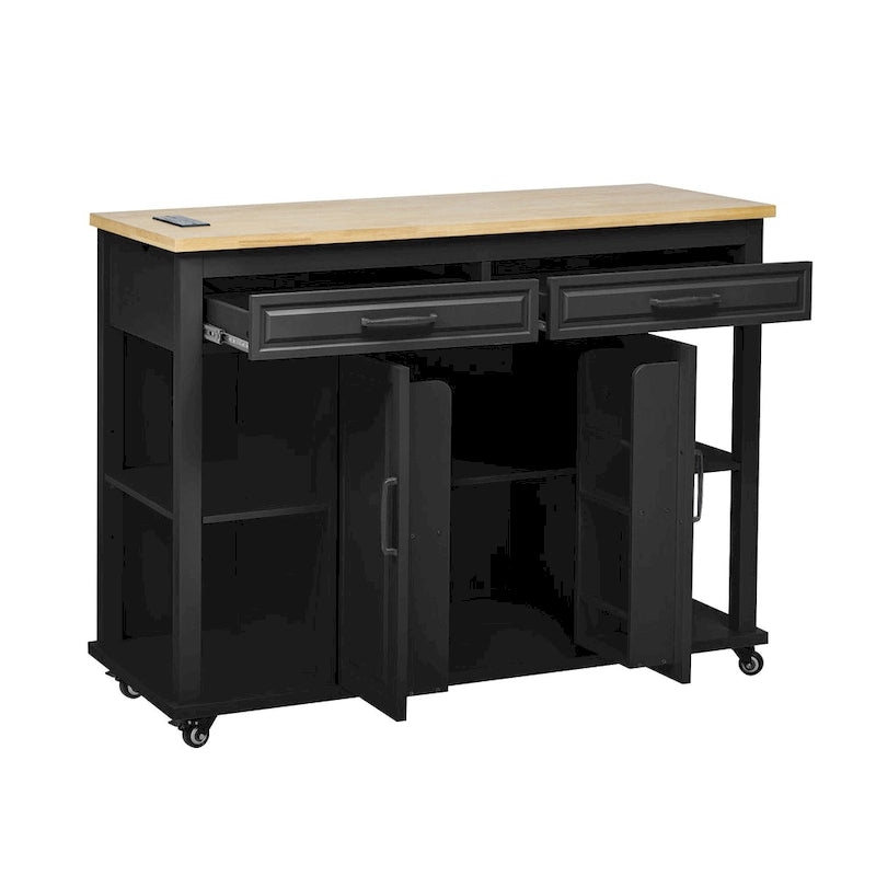 Îlot de cuisine extensible sur roulettes, Desserte de cuisine roulante mobile, Meuble de bar avec étagère de rangement interne, 2 tiroirs et 2 placards
