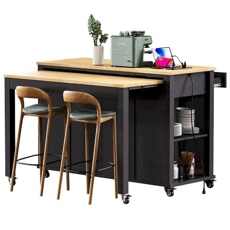 Îlot de cuisine extensible sur roulettes, Desserte de cuisine roulante mobile, Meuble de bar avec étagère de rangement interne, 2 tiroirs et 2 placards