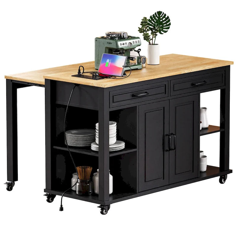 Îlot de cuisine extensible sur roulettes, Desserte de cuisine roulante mobile, Meuble de bar avec étagère de rangement interne, 2 tiroirs et 2 placards