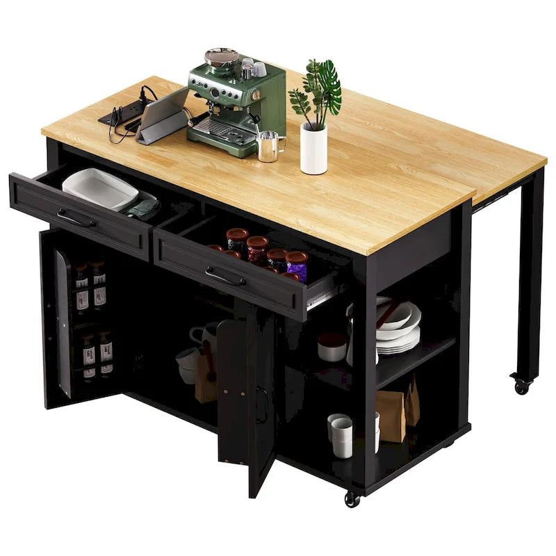 Îlot de cuisine extensible sur roulettes, Desserte de cuisine roulante mobile, Meuble de bar avec étagère de rangement interne, 2 tiroirs et 2 placards
