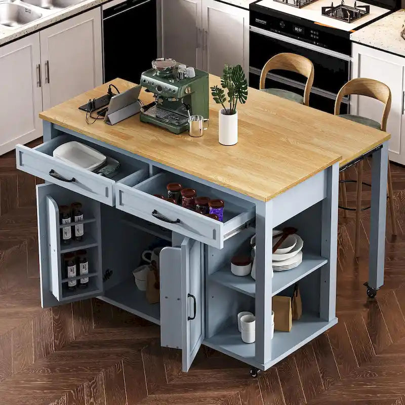 Îlot de cuisine extensible sur roulettes, Desserte de cuisine roulante mobile, Meuble de bar avec étagère de rangement interne, 2 tiroirs et 2 placards