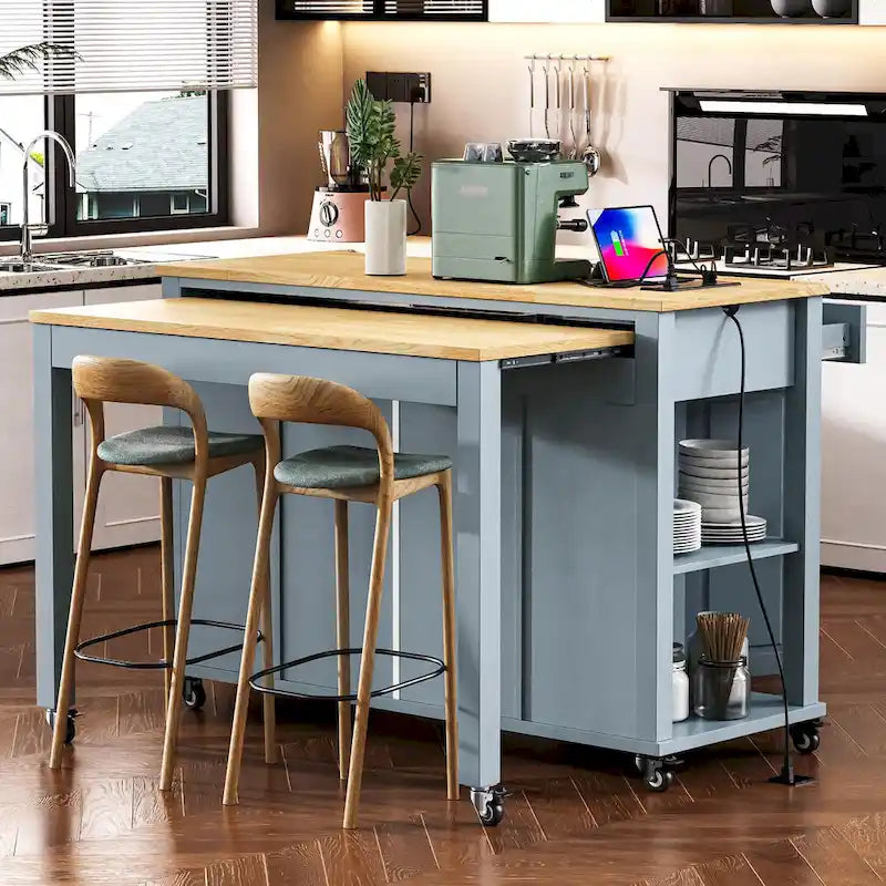 Îlot de cuisine extensible sur roulettes, Desserte de cuisine roulante mobile, Meuble de bar avec étagère de rangement interne, 2 tiroirs et 2 placards