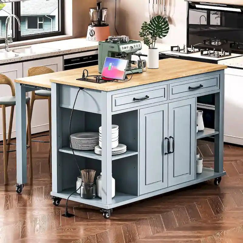 Îlot de cuisine extensible sur roulettes, Desserte de cuisine roulante mobile, Meuble de bar avec étagère de rangement interne, 2 tiroirs et 2 placards