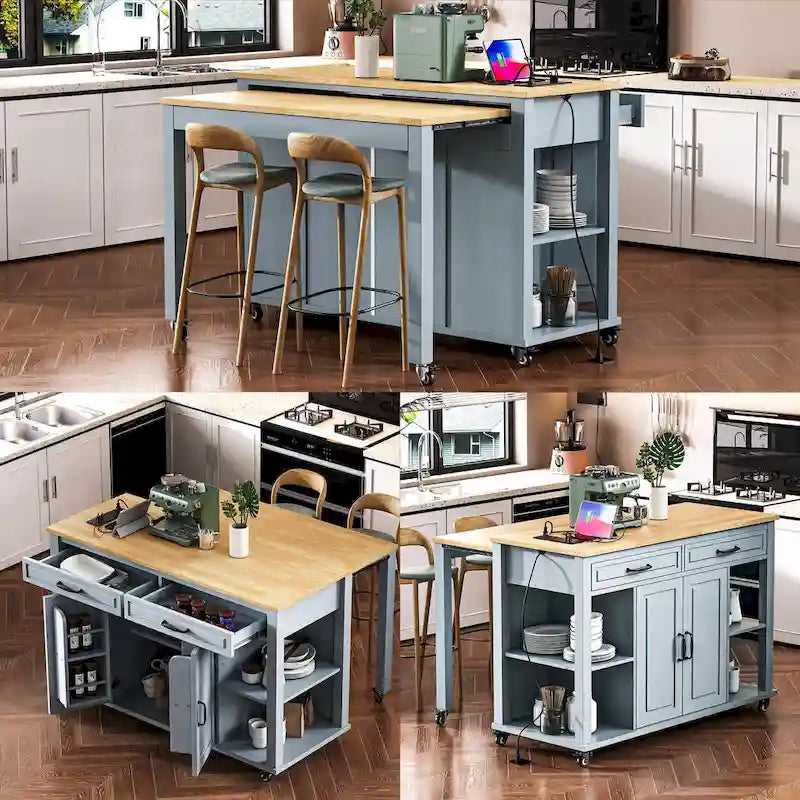 Îlot de cuisine extensible sur roulettes, Desserte de cuisine roulante mobile, Meuble de bar avec étagère de rangement interne, 2 tiroirs et 2 placards
