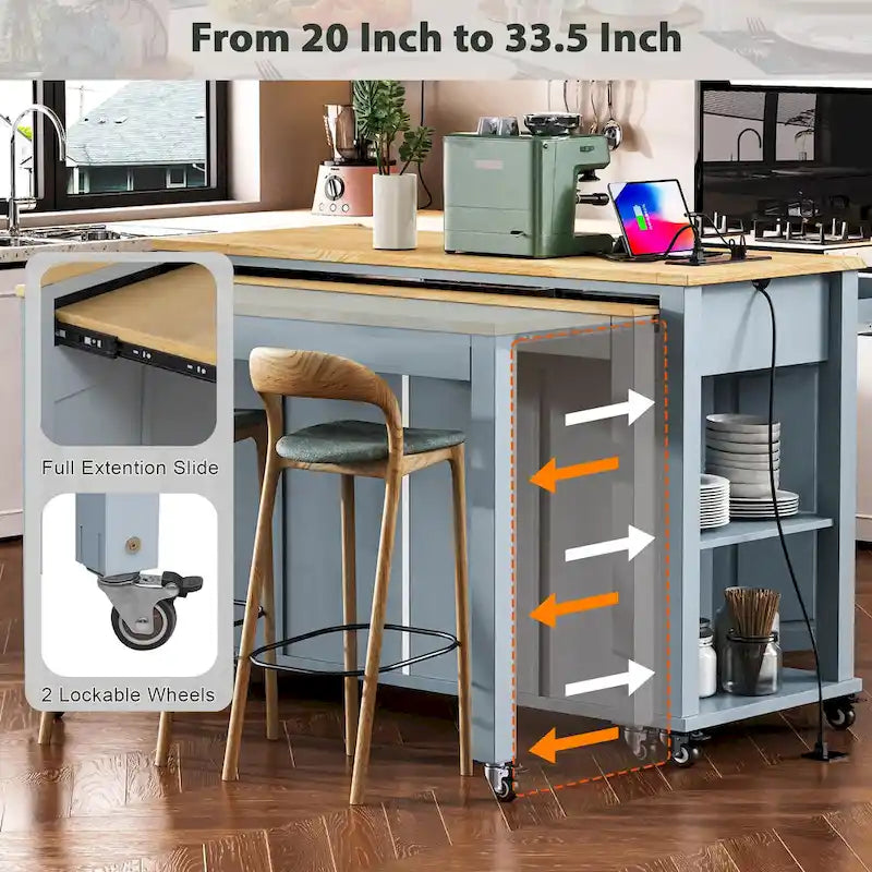 Îlot de cuisine extensible sur roulettes, Desserte de cuisine roulante mobile, Meuble de bar avec étagère de rangement interne, 2 tiroirs et 2 placards