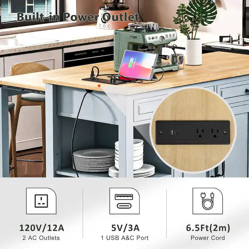 Îlot de cuisine extensible sur roulettes, Desserte de cuisine roulante mobile, Meuble de bar avec étagère de rangement interne, 2 tiroirs et 2 placards