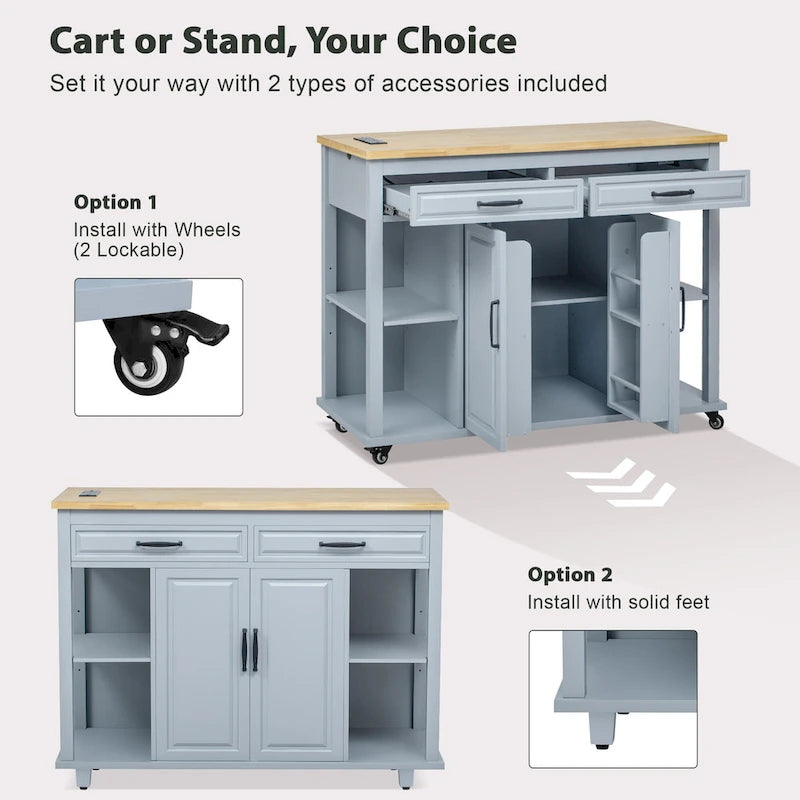 Îlot de cuisine extensible sur roulettes, Desserte de cuisine roulante mobile, Meuble de bar avec étagère de rangement interne, 2 tiroirs et 2 placards