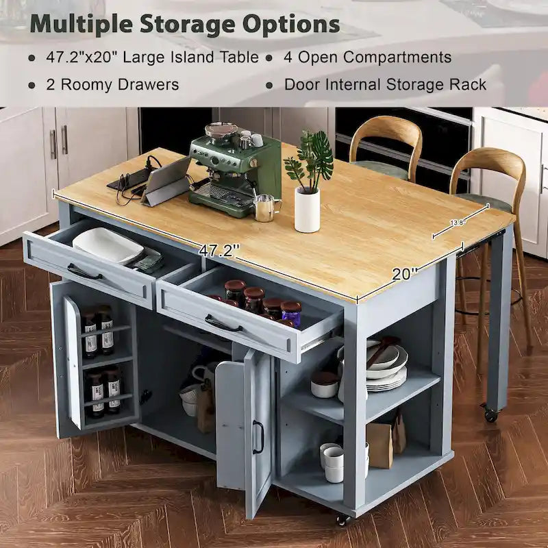 Îlot de cuisine extensible sur roulettes, Desserte de cuisine roulante mobile, Meuble de bar avec étagère de rangement interne, 2 tiroirs et 2 placards