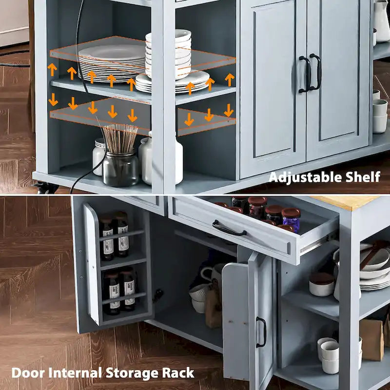 Îlot de cuisine extensible sur roulettes, Desserte de cuisine roulante mobile, Meuble de bar avec étagère de rangement interne, 2 tiroirs et 2 placards
