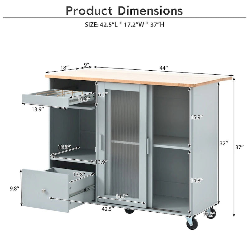 Desserte de cuisine îlot avec éclairage LED, bar de petit-déjeuner à abattants sur roulettes, meuble bar avec 2 tiroirs, 2 portes vitrées et 1 placard basculant