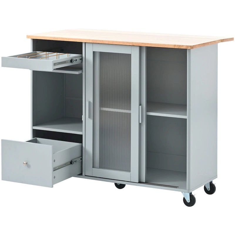Desserte de cuisine îlot avec éclairage LED, bar de petit-déjeuner à abattants sur roulettes, meuble bar avec 2 tiroirs, 2 portes vitrées et 1 placard basculant