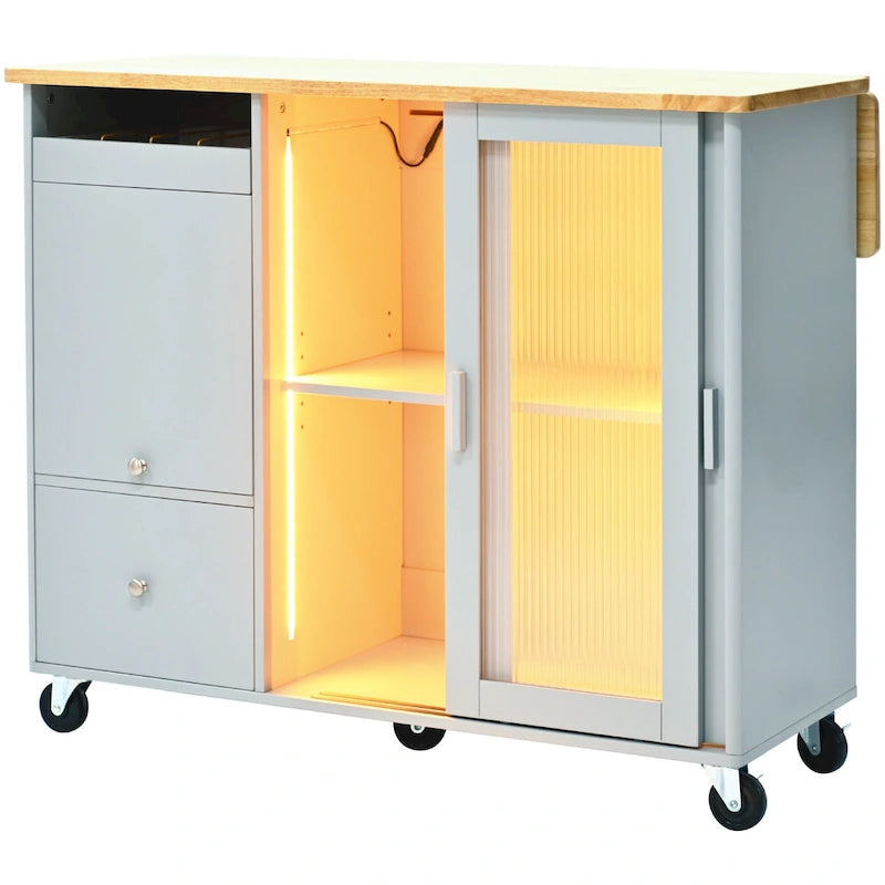 Desserte de cuisine îlot avec éclairage LED, bar de petit-déjeuner à abattants sur roulettes, meuble bar avec 2 tiroirs, 2 portes vitrées et 1 placard basculant