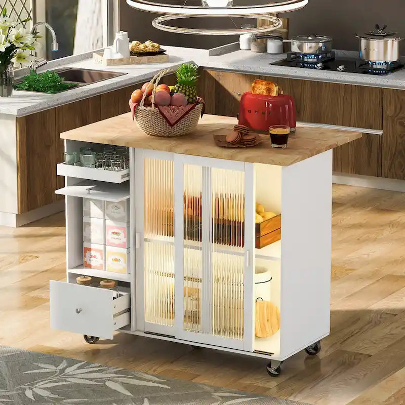 Desserte de cuisine îlot avec éclairage LED, bar de petit-déjeuner à abattants sur roulettes, meuble bar avec 2 tiroirs, 2 portes vitrées et 1 placard basculant