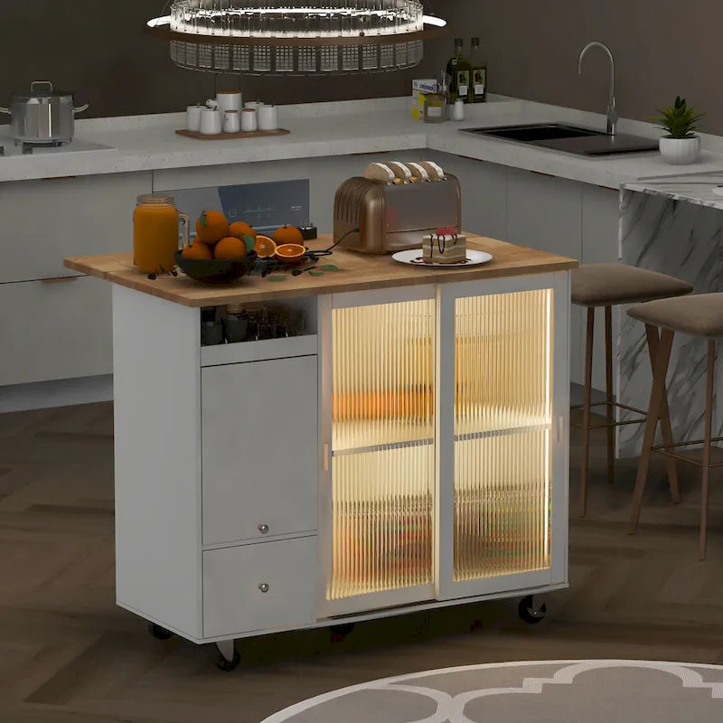 Desserte de cuisine îlot avec éclairage LED, bar de petit-déjeuner à abattants sur roulettes, meuble bar avec 2 tiroirs, 2 portes vitrées et 1 placard basculant