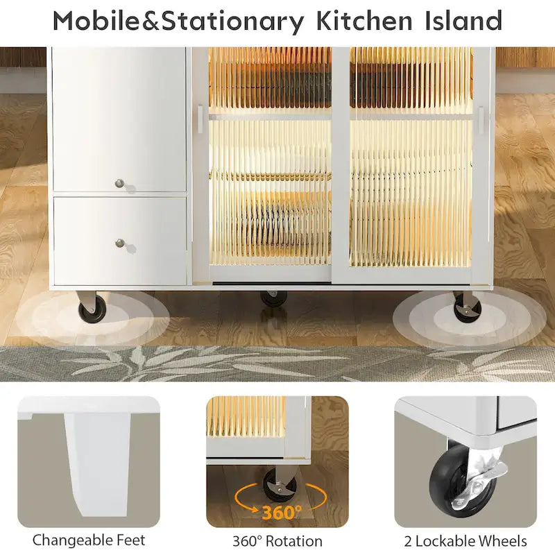Desserte de cuisine îlot avec éclairage LED, bar de petit-déjeuner à abattants sur roulettes, meuble bar avec 2 tiroirs, 2 portes vitrées et 1 placard basculant