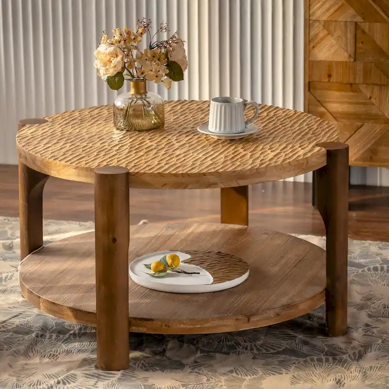 2-Poziomowy Okrągły Stolik Kawowy z Półką do Przechowywania