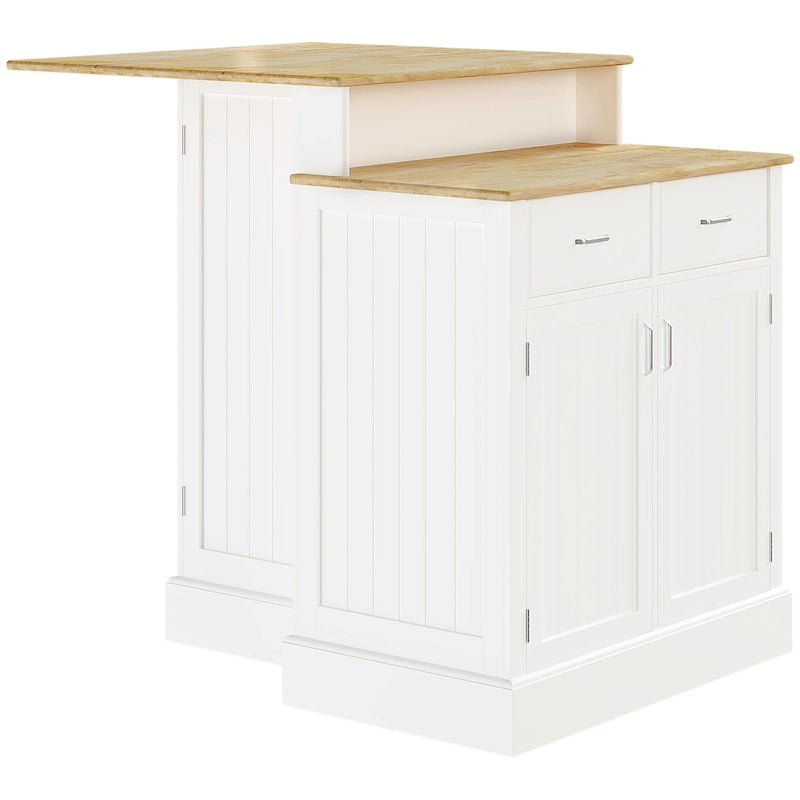 Îlot de cuisine avec armoire de rangement et plateau en bois d'hévéa à 2 niveaux, table îlot avec étagères réglables et tiroirs