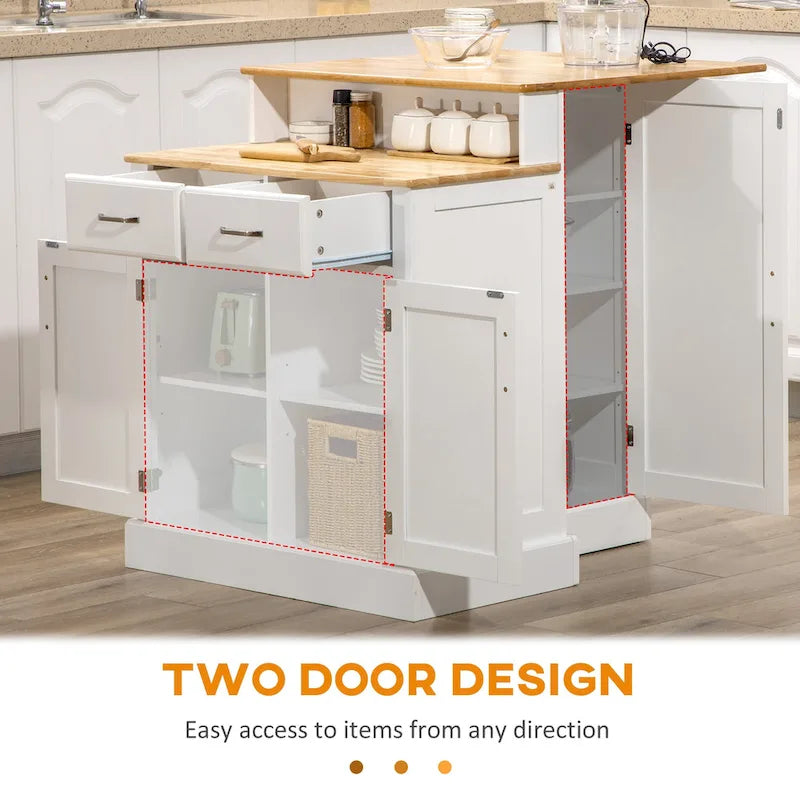 Îlot de cuisine avec armoire de rangement et plateau en bois d'hévéa à 2 niveaux, table îlot avec étagères réglables et tiroirs