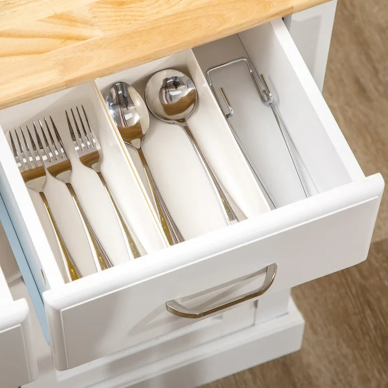 Îlot de cuisine avec armoire de rangement et plateau en bois d'hévéa à 2 niveaux, table îlot avec étagères réglables et tiroirs