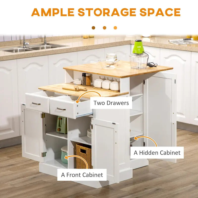 Îlot de cuisine avec armoire de rangement et plateau en bois d'hévéa à 2 niveaux, table îlot avec étagères réglables et tiroirs