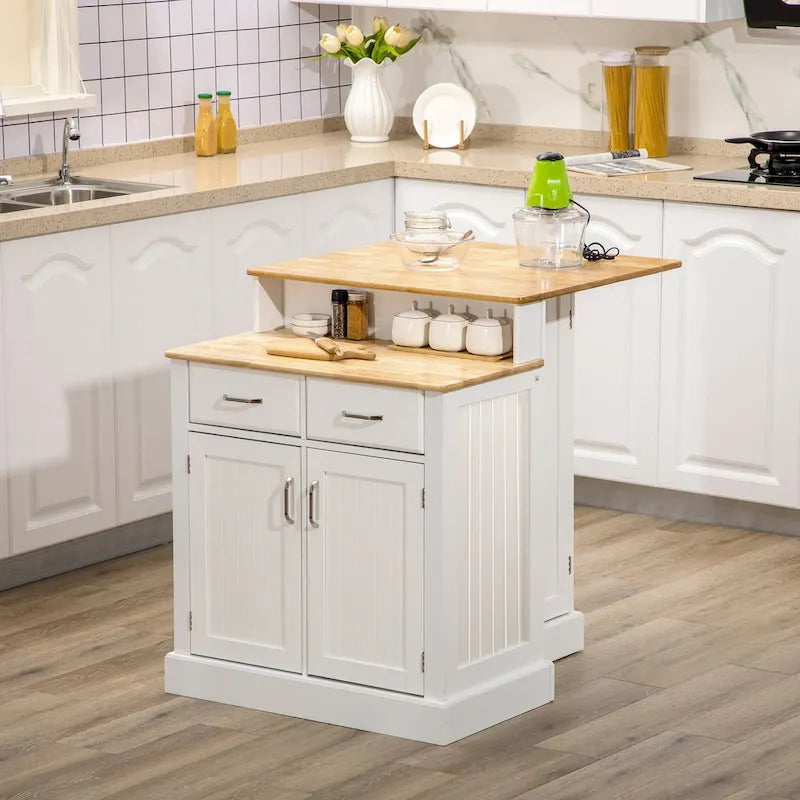 Îlot de cuisine avec armoire de rangement et plateau en bois d'hévéa à 2 niveaux, table îlot avec étagères réglables et tiroirs